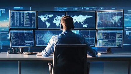 Cybersecurity Professional Analyzing Data on Multiple Monitors in Advanced Technology Center