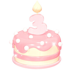 3D Cute Pink Birthday Cake with Number 3 Candle