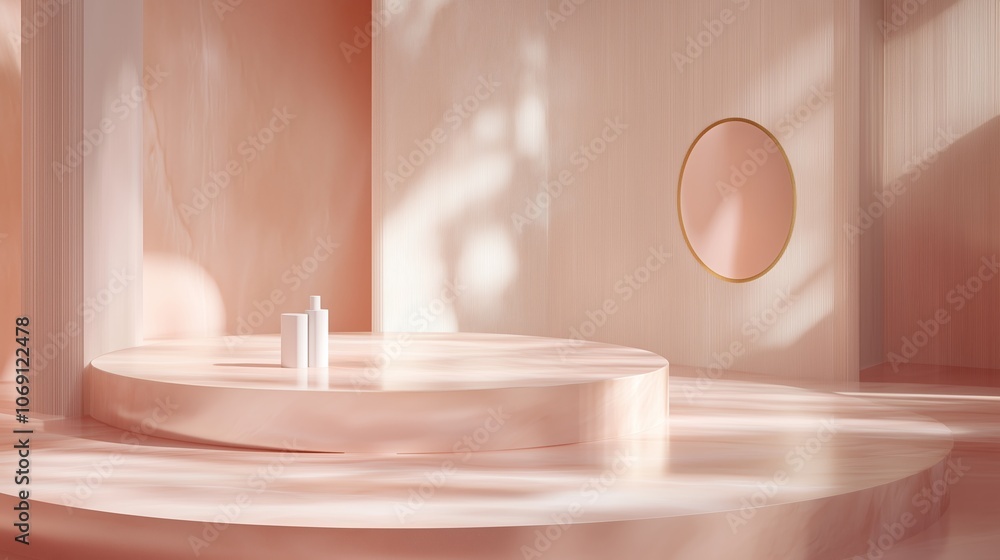 Poster elegant peach interior with minimalistic decor and soft lighting, showcasing a circular feature and 