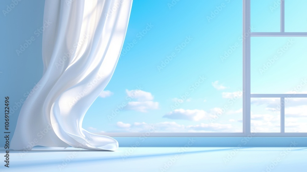 Poster close-up of a white curtain billowing inwards through an open window, illuminated by soft, natural l