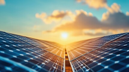 A vast field of solar panels stretching as far as the eye can see, bathed in golden sunlight, representing clean energy generation and a sustainable future.