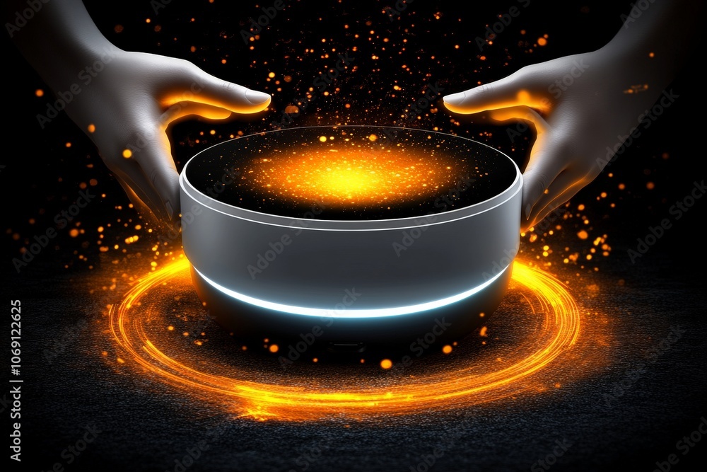 Poster close up of glowing circular device emitting orange particles symbolizing energy flow and futuristic