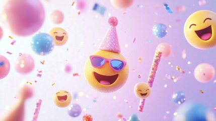 Smiling Emojis Celebrate with Confetti and Balloons