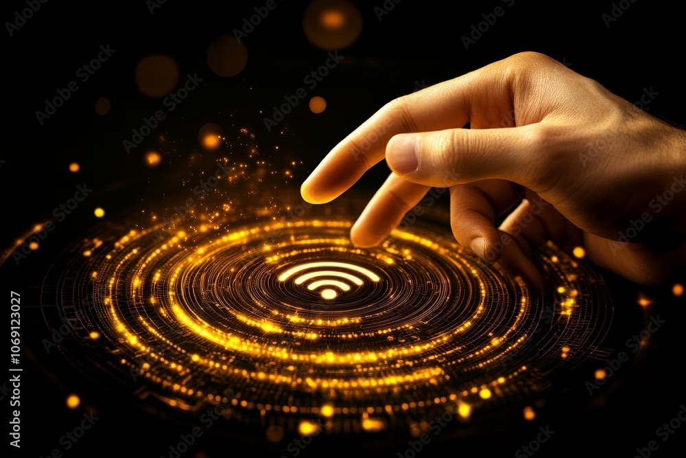 Poster hand pointing to a golden circular holographic interface symbolizing wireless connection digital con