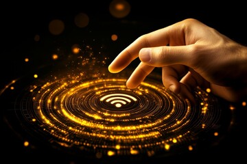 Hand pointing to a golden circular holographic interface symbolizing wireless connection digital connectivity and modern technology interaction