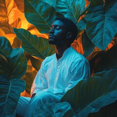 Cinematic Portrait of a Man in a White Outfit, Embraced by Dramatic Tropical Leaves and Colorful Background for a Meditative Vibe