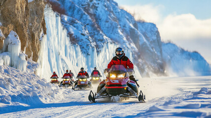 Tourists riding snowmobiles on frozen lake near icy cliff in winter