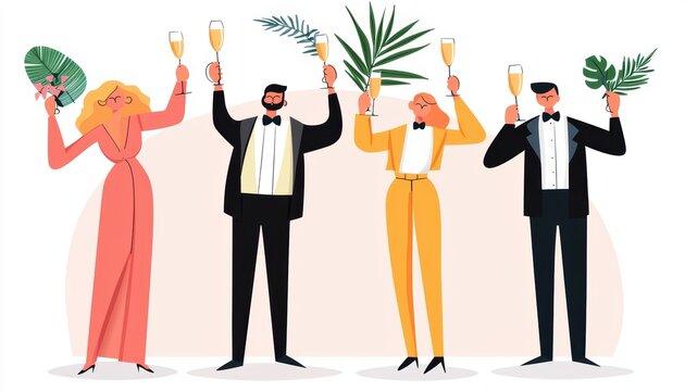 Sparkling New Year s Eve party with guests dressed in elegant attire, holding glasses of champagne