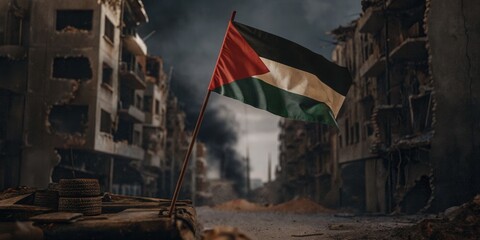 Palestinian Flag on Tank Amid War-Torn City