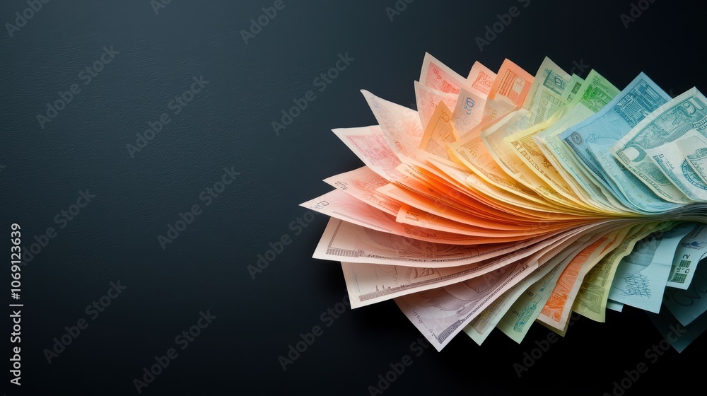 Poster a neat stack of crisp banknotes from various countries, fanned out and arranged by value, showcasing