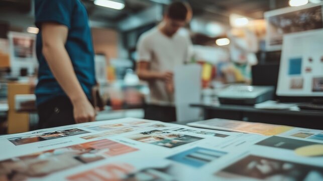 Team Collaboration Reviewing Marketing Material, Color Proofs, and Design Projects in a Print Shop