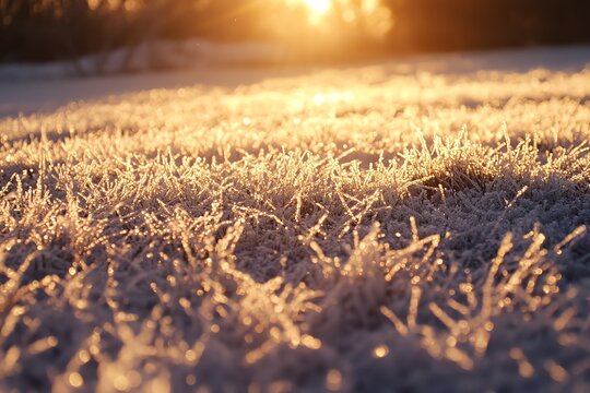 Champ givré à l'aube avec le soleil projetant de longues ombres sur la neige..