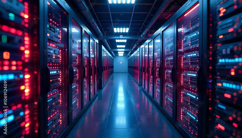 Poster a modern data center showcasing high-tech servers, blue and red lights, emphasizing advanced technol