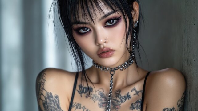 Mysterious woman with striking makeup and tattoos gazes intensely at the camera, AI