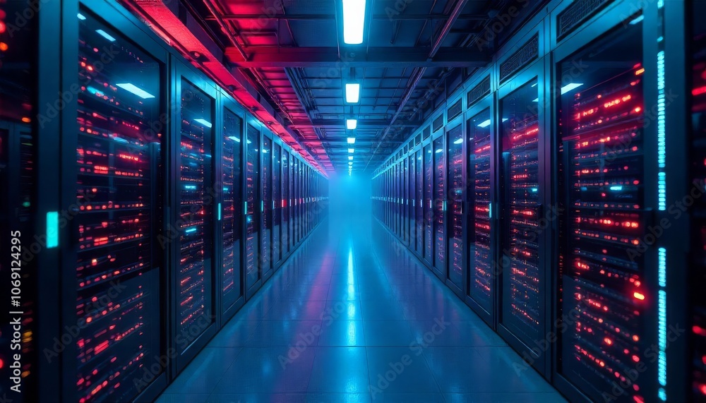 Poster a glowing data center corridor with long rows of advanced server racks, featuring vibrant red and bl