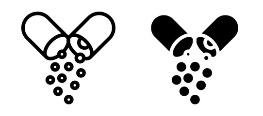 Open capsule pill icon symbol collection on white background.