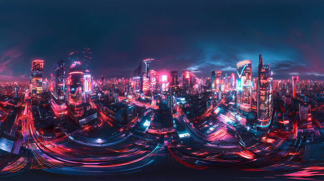 Futuristic cyberpunk night city with troninspired neon lights panorama hdri. Cyberpunk. Illustration