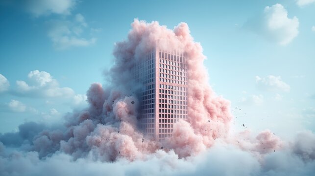A demolition crew imploding a dilapidated building, with clouds of dust and debris billowing outwards as the structure collapses upon itself, signifying destruction, urban renewal, and the power of
