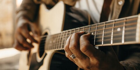 Fototapeta premium Close-Up of Hands Playing Acoustic Guitar