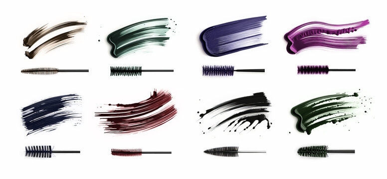 Mascara smudge stroke swatches and applicator brushes set isolated on white background. Smears of make-up cosmetic eyelash mascara, top view.