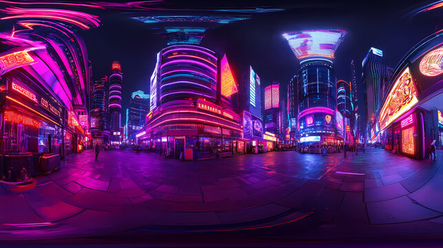 Futuristic cyberpunk night city with troninspired neon lights panorama hdri. Cyberpunk. Illustration