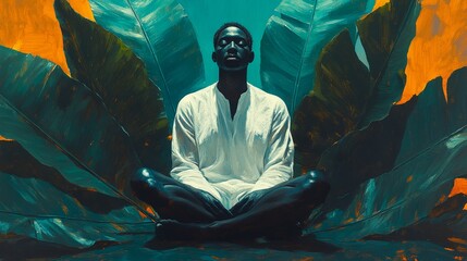 Modern Artistic Image of a Relaxed Individual Meditating Among Giant Tropical Plants, Capturing Balance and Connection with Nature