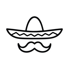 Sombrero and Mustache Outline Icon, Simple black outline of a sombrero with a mustache underneath, symbolizing Mexican culture, tradition, and festive celebrations.
