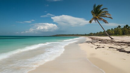 A peaceful beach features turquoise waters and a pristine white sandy shore, with a palm tree gently swaying in the breeze. This serene setting evokes a sense of relaxation and tropical paradise.