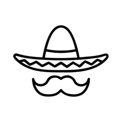 Sombrero and Mustache Outline Icon, Simple black outline of a sombrero with a mustache underneath, symbolizing Mexican culture, tradition, and festive celebrations.
