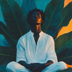 Artistic Conceptual Portrait of a Man in Deep Contemplation, Framed by Oversized Green Leaves and Striking Color Contrast