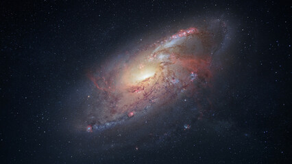 Amazing Space galaxy, blue starry background. View from space to a spiral galaxy and stars. Universe filled with stars, nebula and galaxy