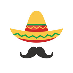 Colorful Sombrero and Mustache Icon, Illustration of a bright yellow sombrero with red and green accents paired with a black mustache, symbolizing Mexican culture and festive celebrations.
