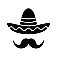 Sombrero and Mustache Silhouette Icon, Black silhouette of a traditional sombrero hat with decorative patterns and a mustache, symbolizing Mexican culture, heritage, and festivities.
