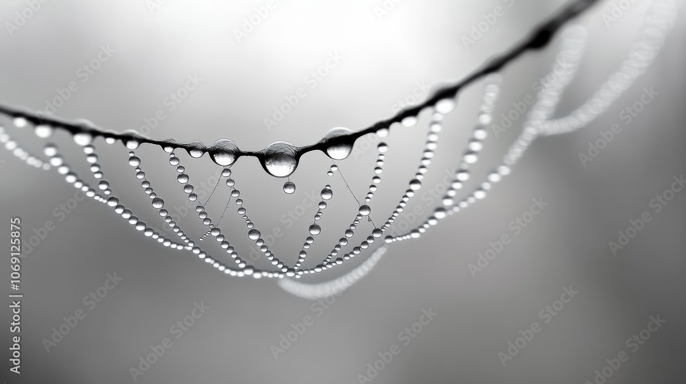 Poster Dew-covered spider web glistens in soft morning light, creating a delicate pattern, AI