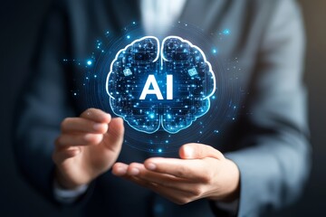 Businessperson holding holographic AI brain icon conveying digital transformation corporate innovation and artificial intelligence advancements in modern technology sectors
