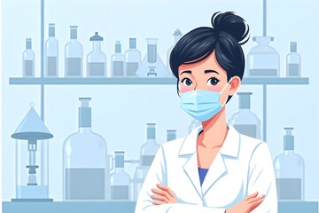 Female Scientist in Lab Coat and Mask with Arms Crossed in Laboratory Setting with Bottles on Shelves