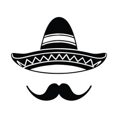 Sombrero and Mustache Silhouette Icon, Black silhouette of a traditional sombrero hat with decorative patterns and a mustache, symbolizing Mexican culture, heritage, and festivities.

