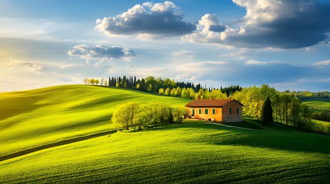 A peaceful countryside featuring rolling green hills, a quaint farmhouse, and a sky dotted with fluffy clouds