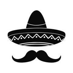 Sombrero and Mustache Silhouette Icon, Black silhouette of a traditional sombrero hat with decorative patterns and a mustache, symbolizing Mexican culture, heritage, and festivities.
