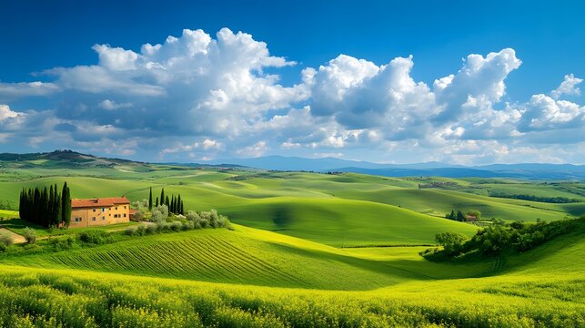 A peaceful countryside featuring rolling green hills, a quaint farmhouse, and a sky dotted with fluffy clouds