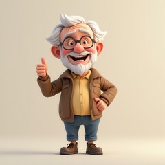 Happy Cartoon Elderly Man Giving Thumbs Up 3D Style Cheerful Grandfather Character
