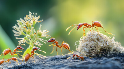  Close-up of ants working together, gathering around a nest, highlighting teamwork and unity in nature's ecosystem with intricate details of ant behavior and natural environment