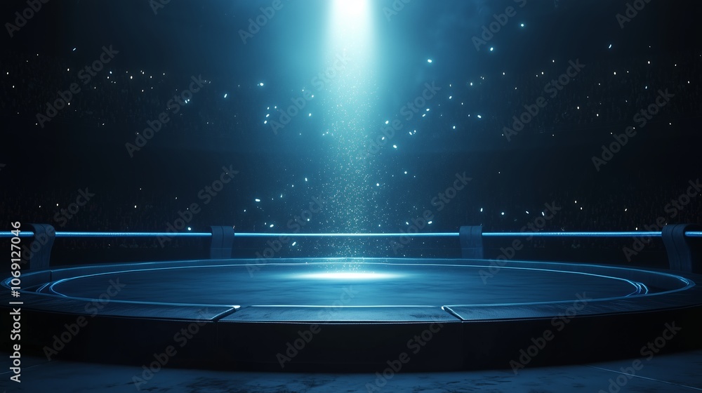 Poster a mysterious illuminated platform in a darkened space with scattered particles, creating an ethereal