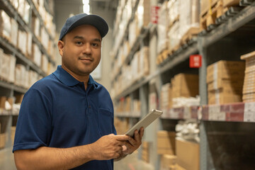 Warehouse worker wearing a hat and blue shirt hands holding tablet check stock on tall shelves in warehouse storage. Asian auditor or staff work looking up stocktaking inventory in warehouse store. 