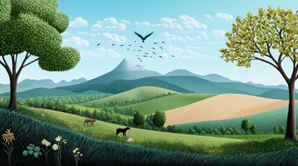 Fototapeta premium A forest cleared for agriculture or development, with displaced animals seeking refuge in fragmented habitats, illustrating the impact of habitat loss on biodiversity and ecosystem connectivity.
