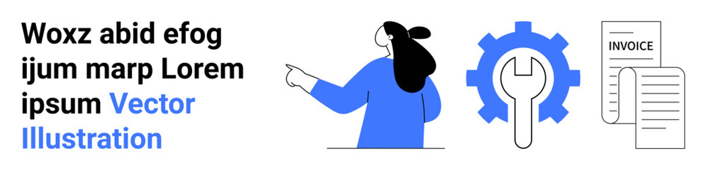 Businesswoman pointing at text with gear, wrench, and document icons. Ideal for finance, invoicing, business solutions, tech support, document management, financial services, online tools. Banner
