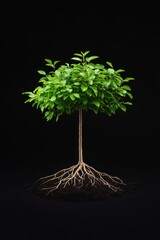 Lush green plant with exposed roots on a dark background