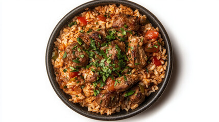 A bowl of flavorful rice with tender meat and vegetables, garnished with herbs.