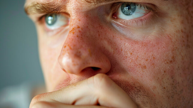 A close-up of a person&acirc;s face, chin resting on their hand, looking bored and uninspired.