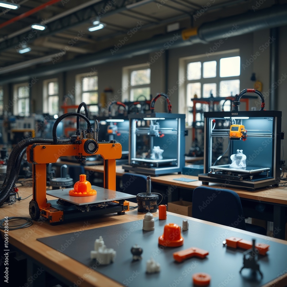 Poster innovative 3d printing workshop in an industrial setting showcasing modern technology and creativity